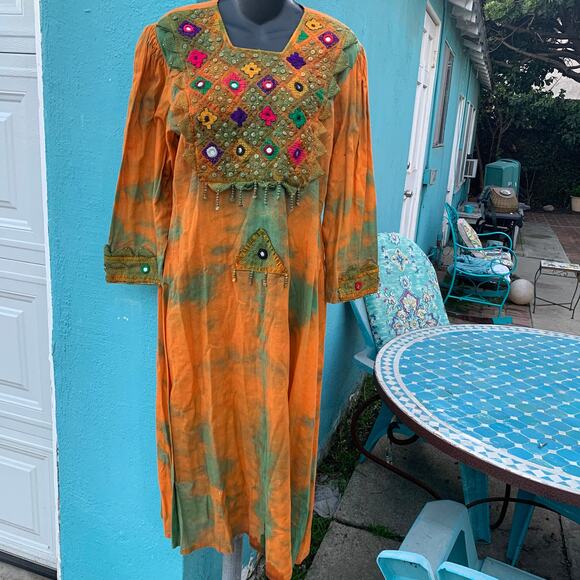 VINTAGE TIE DYE FESTIVAL HIPPIE MIRRORED EMBROIDERED KAFTAN CAFTAN DRESS M/L - Picture 7 of 10